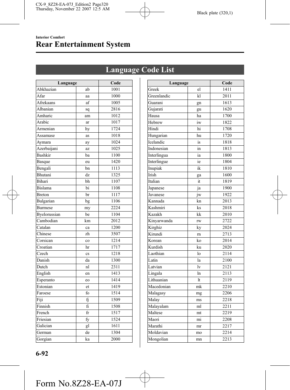 Language code list, Language code list -92, Rear entertainment system | Mazda 2008 CX-9 User Manual | Page 320 / 506