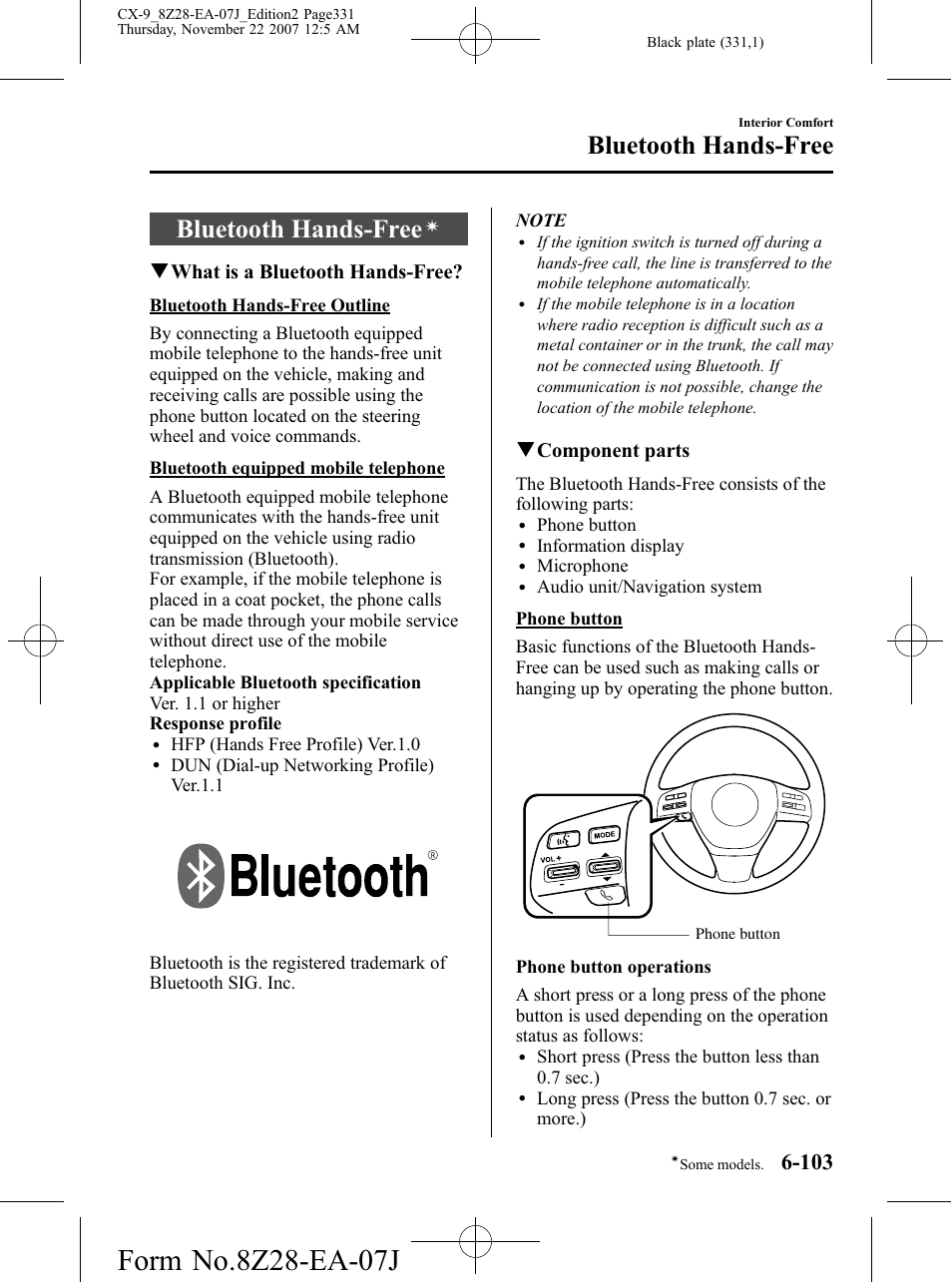 Bluetooth hands-free, Bluetooth hands-free -103, Qwhat is a bluetooth hands-free | Qcomponent parts | Mazda 2008 CX-9 User Manual | Page 331 / 506