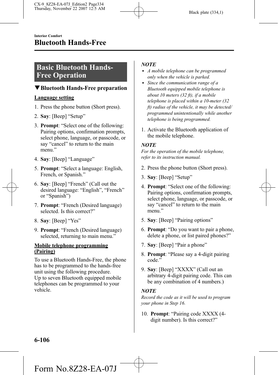 Basic bluetooth hands-free operation, Basic bluetooth hands-free operation -106, Basic bluetooth hands- free operation | Bluetooth hands-free | Mazda 2008 CX-9 User Manual | Page 334 / 506