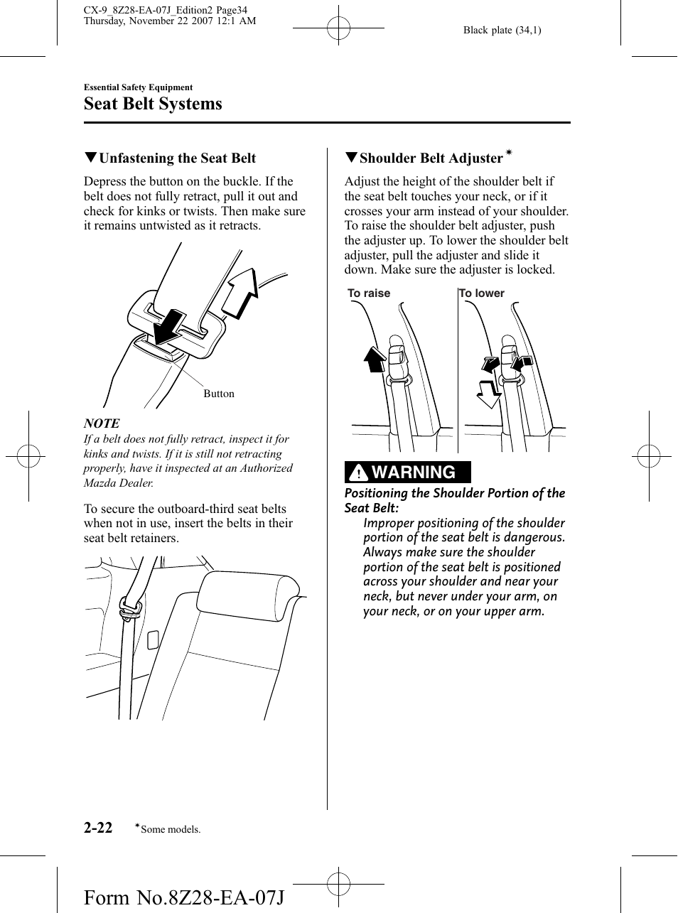 Seat belt systems, Warning | Mazda 2008 CX-9 User Manual | Page 34 / 506