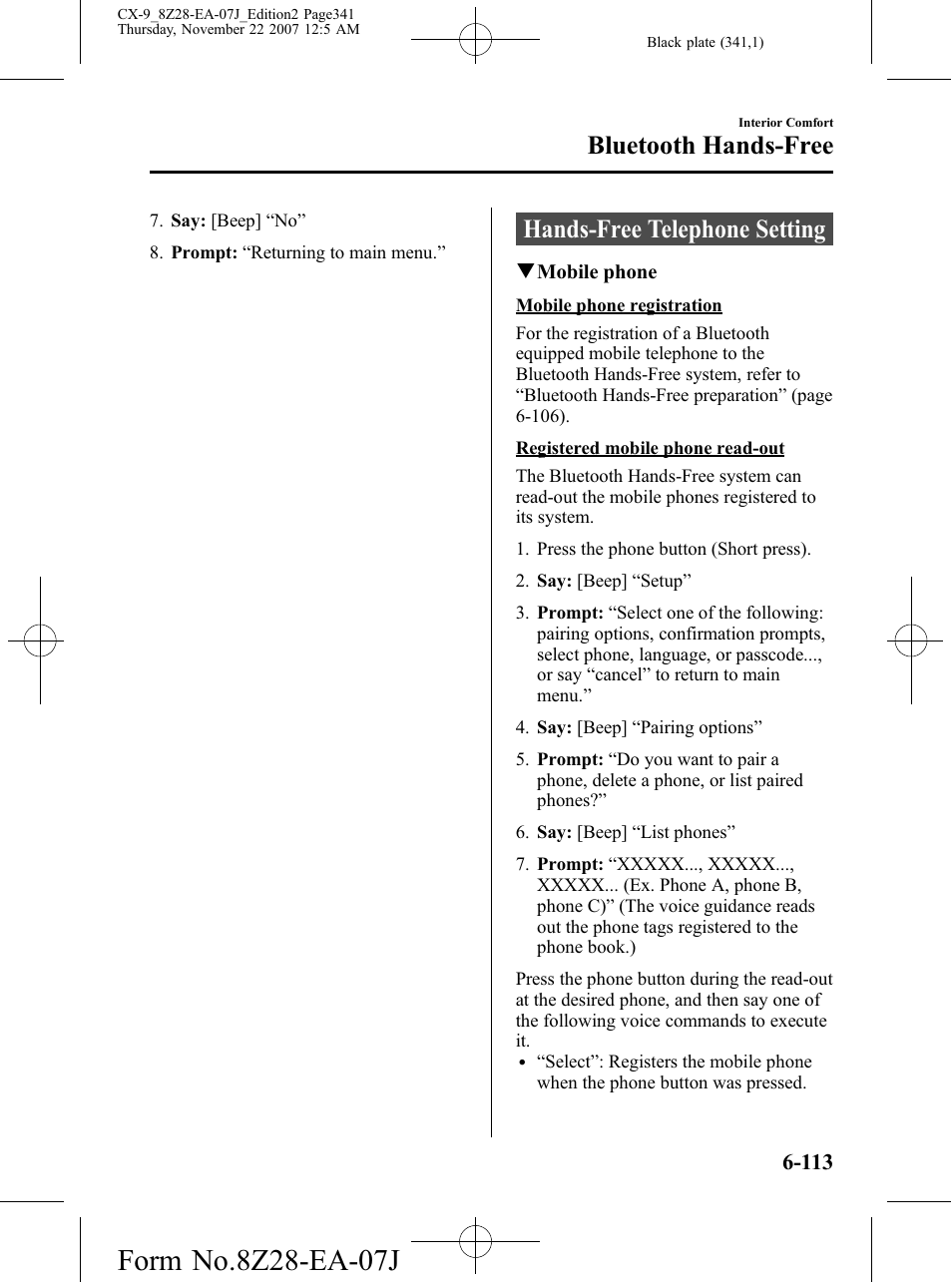 Hands-free telephone setting, Hands-free telephone setting -113, Bluetooth hands-free | Mazda 2008 CX-9 User Manual | Page 341 / 506