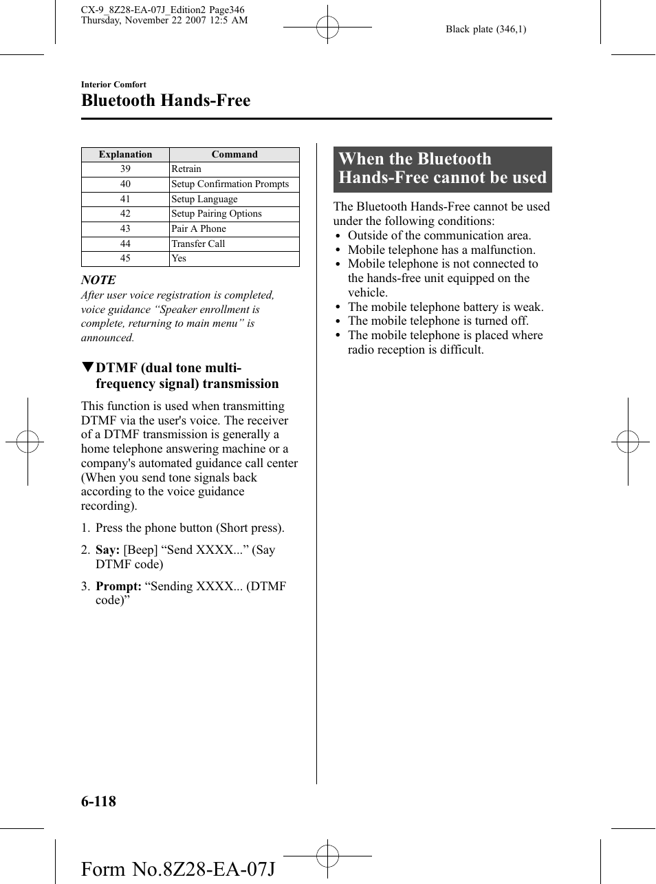When the bluetooth hands-free cannot be used, When the bluetooth hands-free cannot be used -118, Bluetooth hands-free | Mazda 2008 CX-9 User Manual | Page 346 / 506