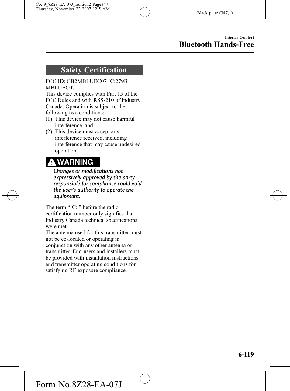 Safety certification, Safety certification -119, Bluetooth hands-free | Warning | Mazda 2008 CX-9 User Manual | Page 347 / 506