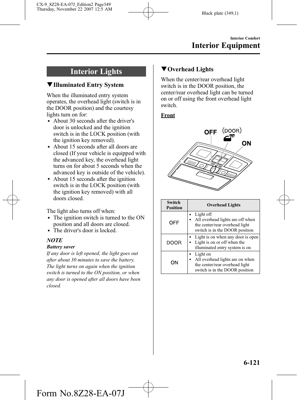 Interior lights, Interior lights -121, Interior equipment | Qilluminated entry system, Qoverhead lights | Mazda 2008 CX-9 User Manual | Page 349 / 506