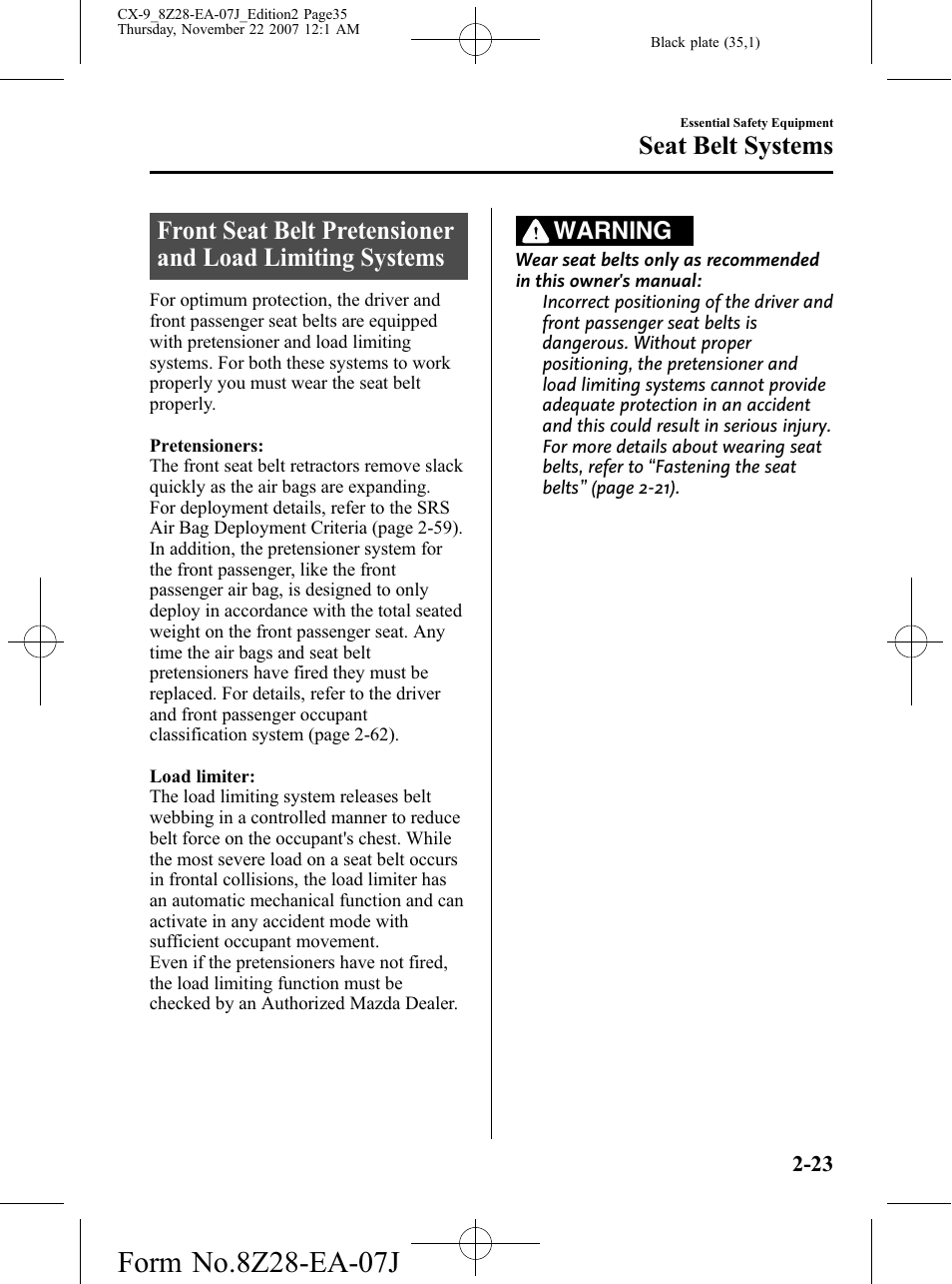 Seat belt systems, Warning | Mazda 2008 CX-9 User Manual | Page 35 / 506