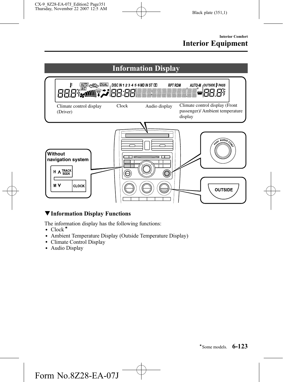 Information display, Information display -123, Interior equipment | Qinformation display functions | Mazda 2008 CX-9 User Manual | Page 351 / 506