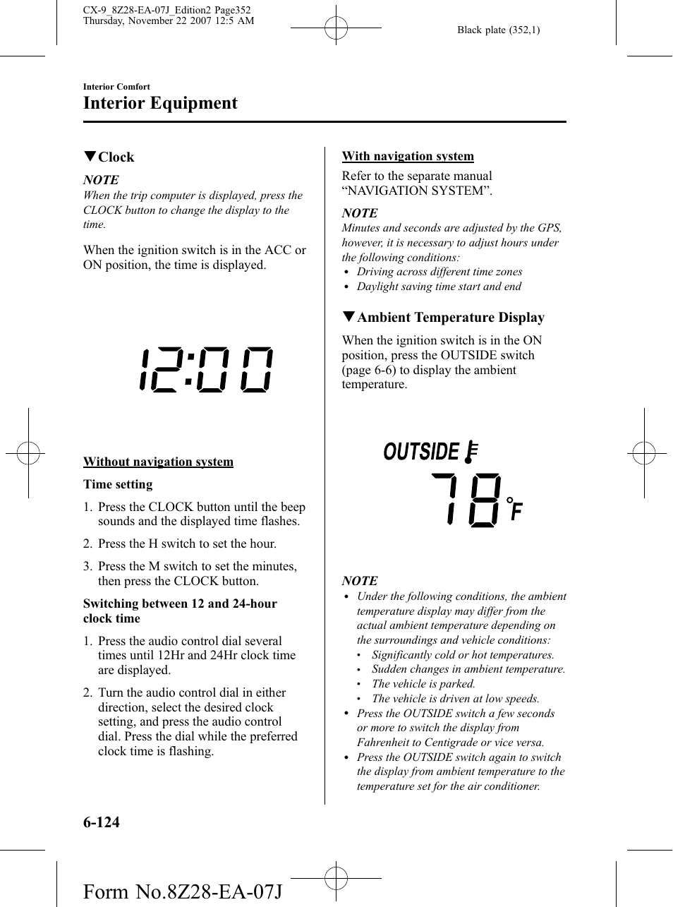 Interior equipment, Qclock, Qambient temperature display | Mazda 2008 CX-9 User Manual | Page 352 / 506