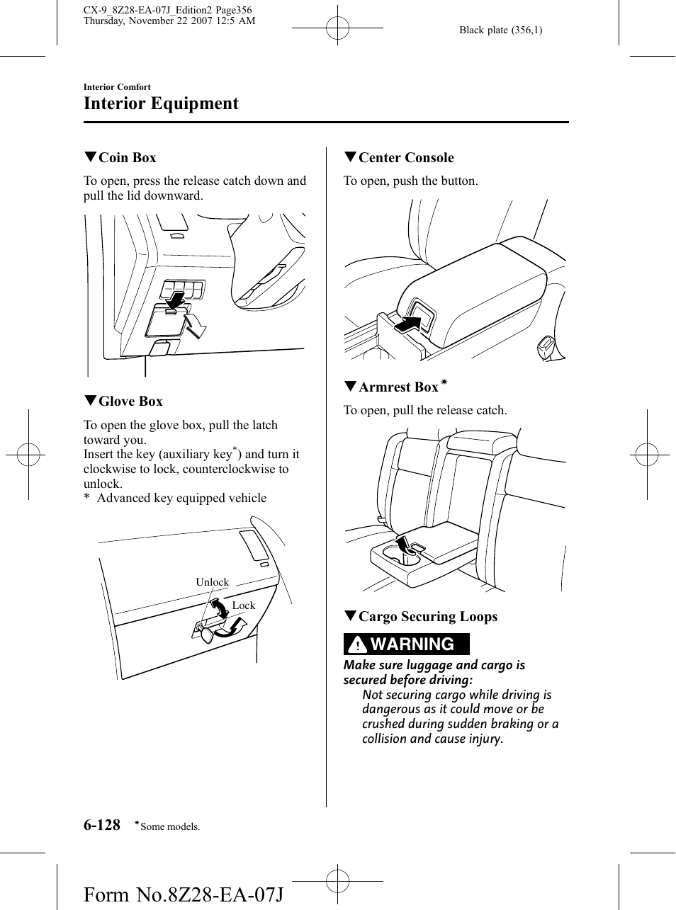 Interior equipment, Warning | Mazda 2008 CX-9 User Manual | Page 356 / 506