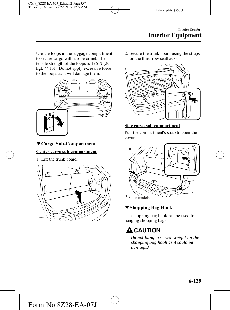 Interior equipment, Caution | Mazda 2008 CX-9 User Manual | Page 357 / 506