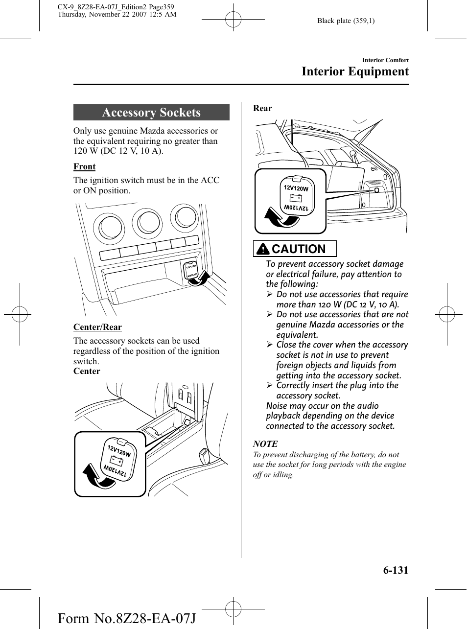 Accessory sockets, Accessory sockets -131, Interior equipment | Caution | Mazda 2008 CX-9 User Manual | Page 359 / 506