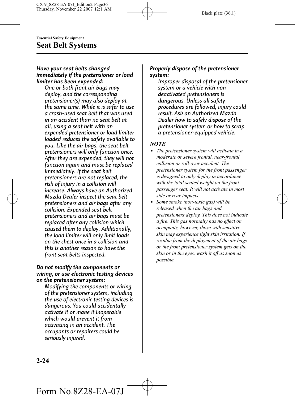 Seat belt systems | Mazda 2008 CX-9 User Manual | Page 36 / 506