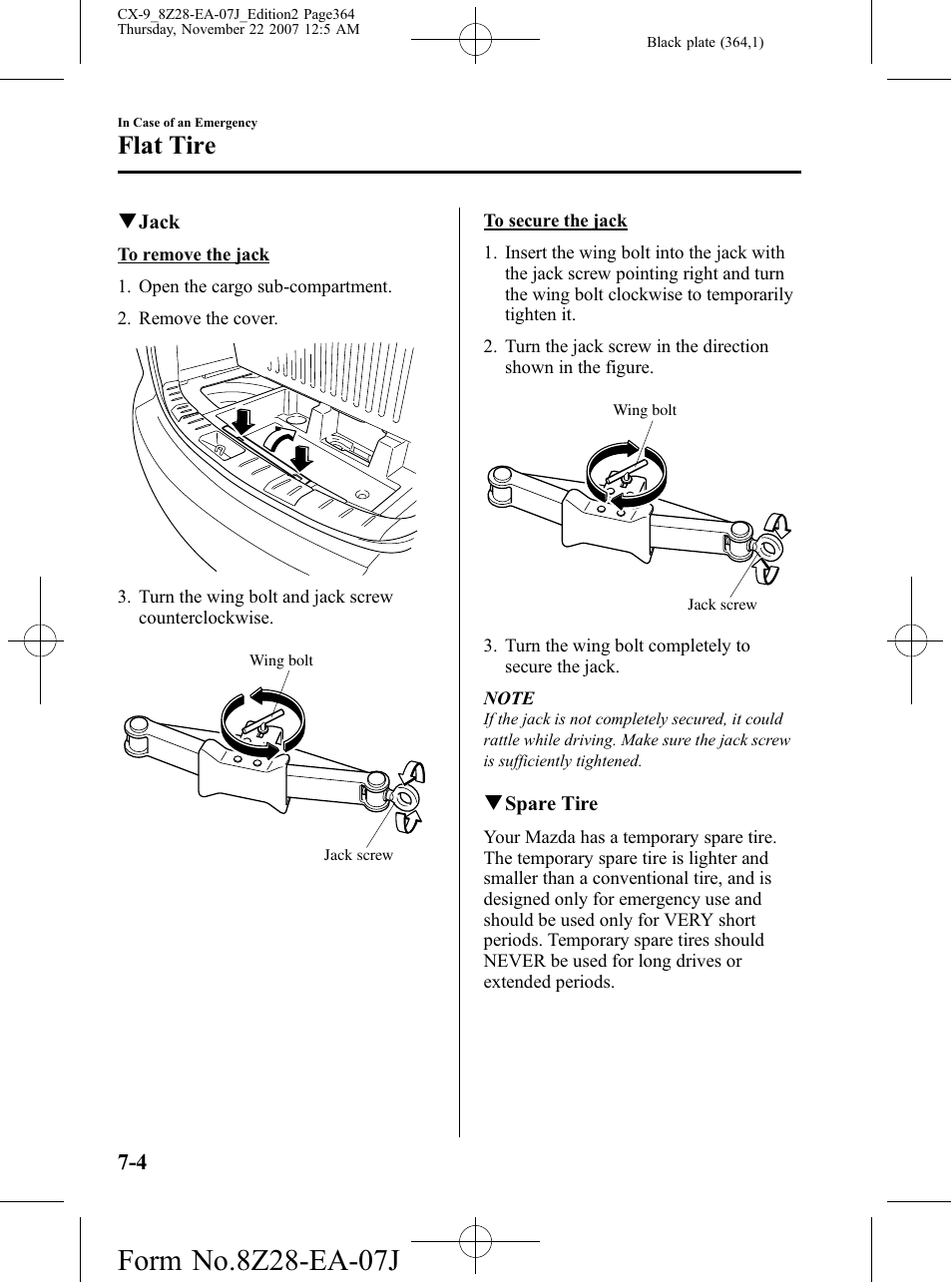 Flat tire | Mazda 2008 CX-9 User Manual | Page 364 / 506