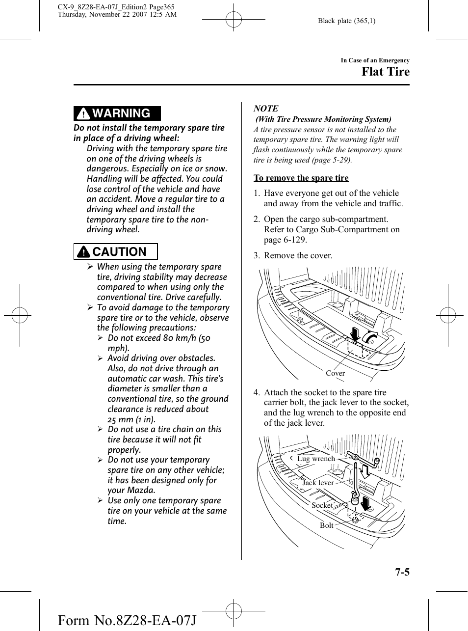 Flat tire, Warning, Caution | Mazda 2008 CX-9 User Manual | Page 365 / 506