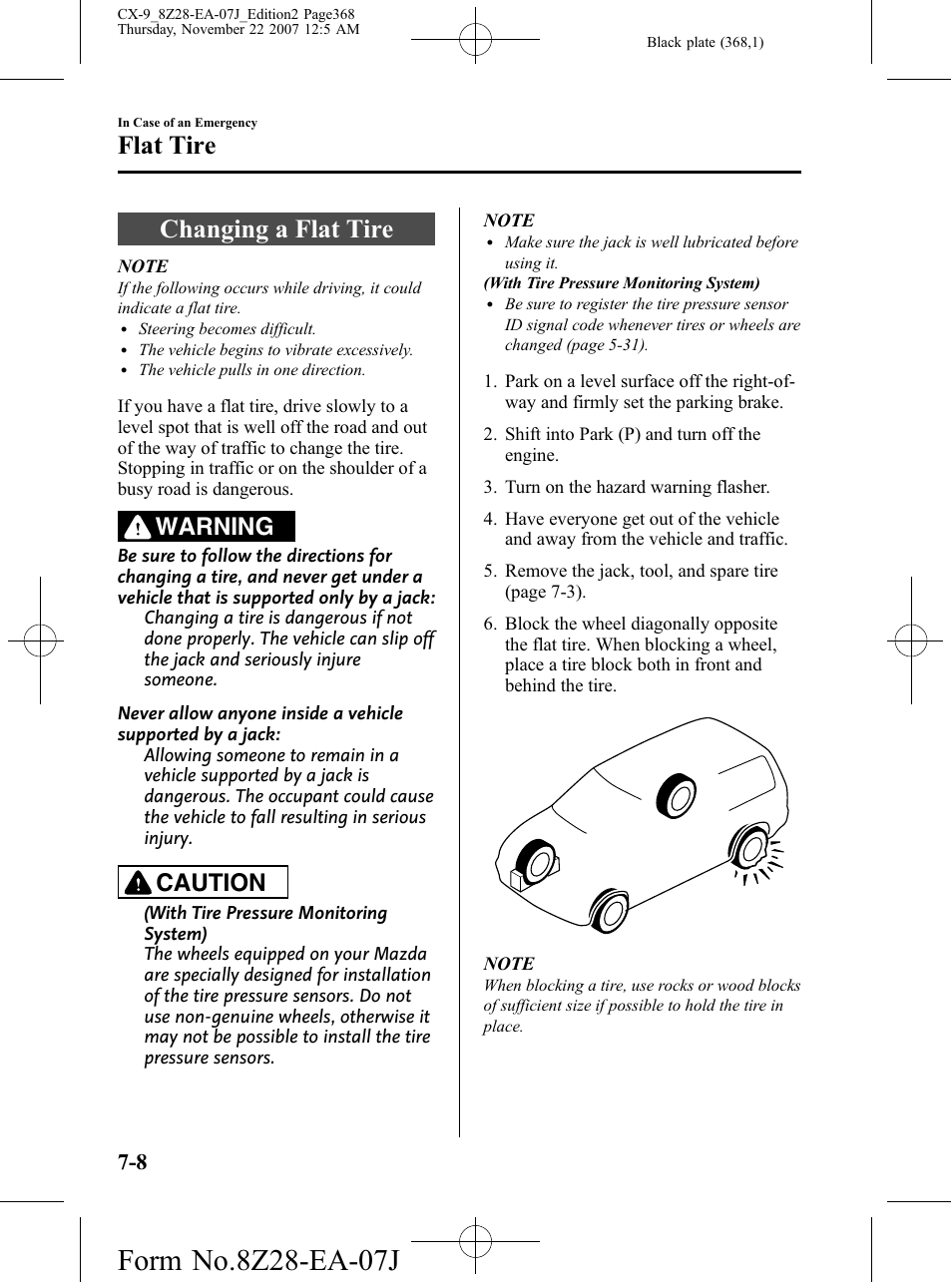 Changing a flat tire, Changing a flat tire -8, Flat tire | Warning, Caution | Mazda 2008 CX-9 User Manual | Page 368 / 506
