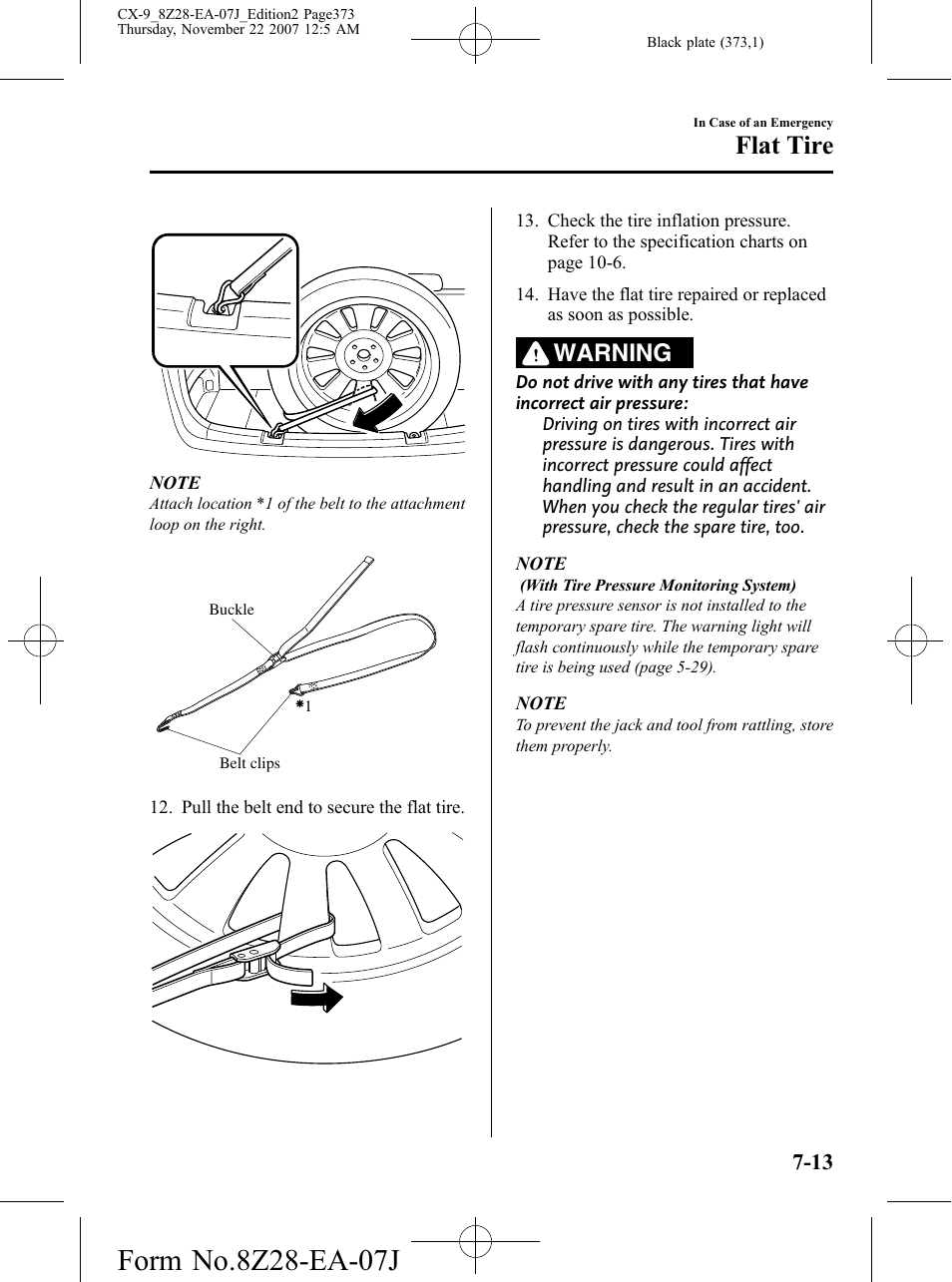 Flat tire, Warning | Mazda 2008 CX-9 User Manual | Page 373 / 506