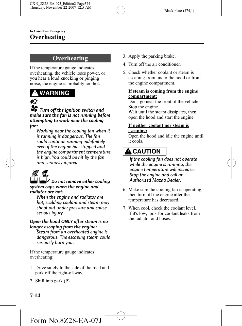 Overheating, Overheating -14, Warning | Caution | Mazda 2008 CX-9 User Manual | Page 374 / 506
