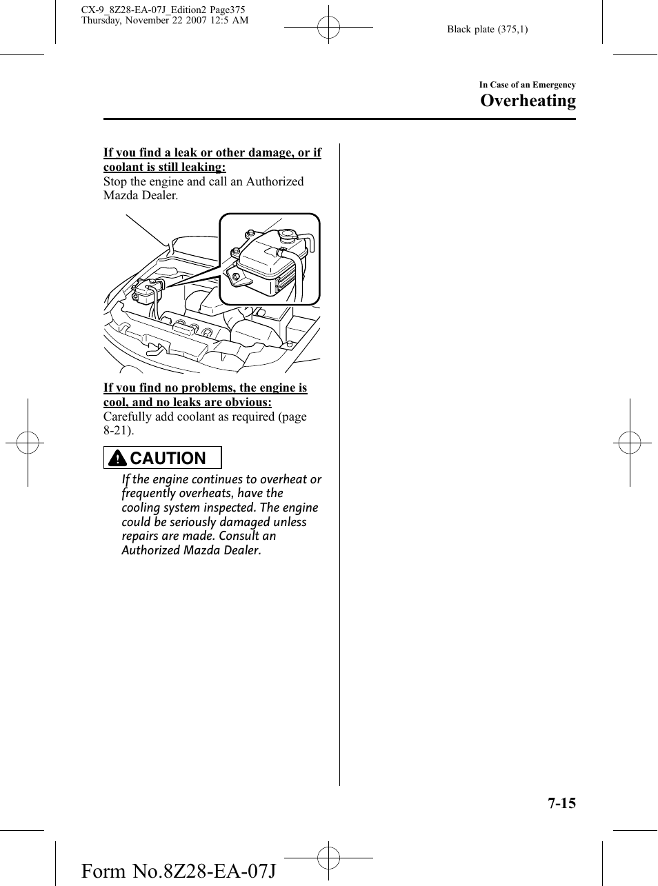 Overheating, Caution | Mazda 2008 CX-9 User Manual | Page 375 / 506