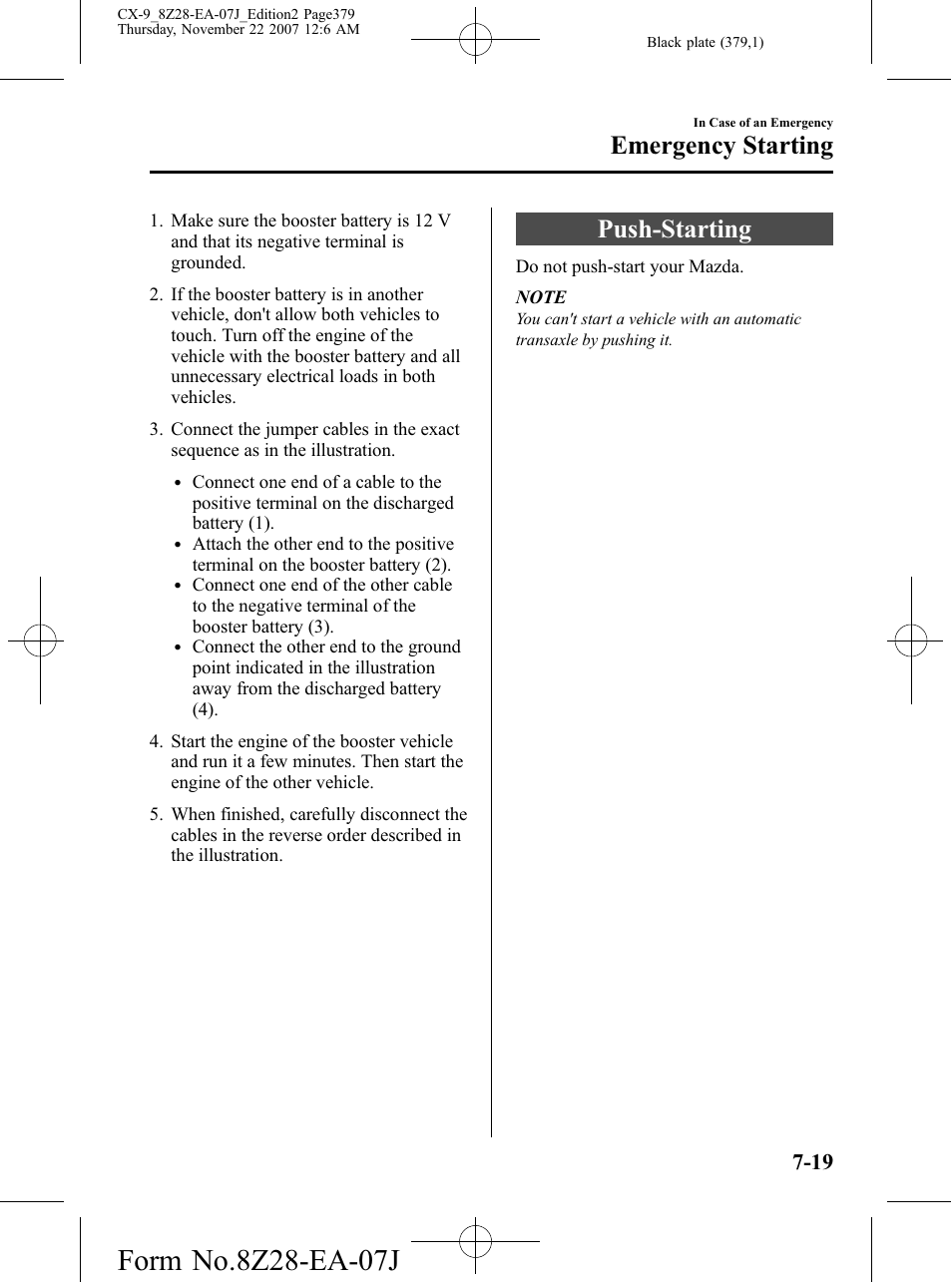 Push-starting, Push-starting -19, Emergency starting | Mazda 2008 CX-9 User Manual | Page 379 / 506