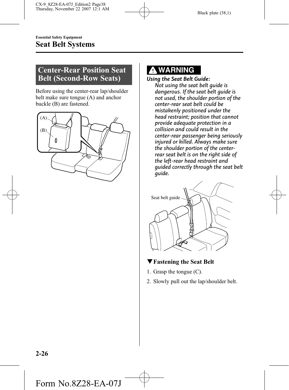Center-rear position seat belt (second-row seats), Seat belt systems, Warning | Mazda 2008 CX-9 User Manual | Page 38 / 506