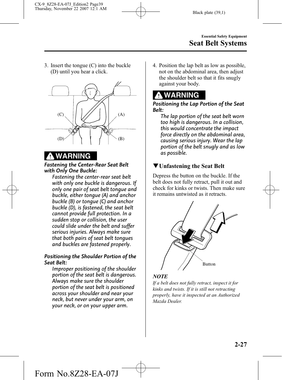 Seat belt systems, Warning | Mazda 2008 CX-9 User Manual | Page 39 / 506