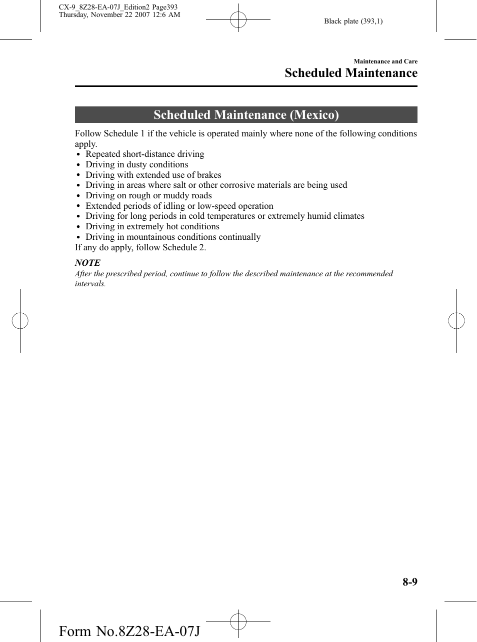 Scheduled maintenance (mexico), Scheduled maintenance (mexico) -9, Scheduled maintenance | Mazda 2008 CX-9 User Manual | Page 393 / 506