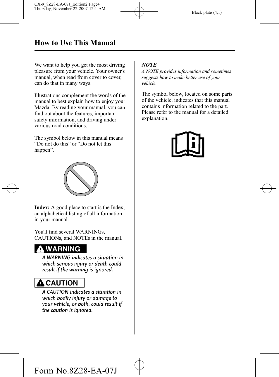 How to use this manual, No m-title, Warning | Caution | Mazda 2008 CX-9 User Manual | Page 4 / 506