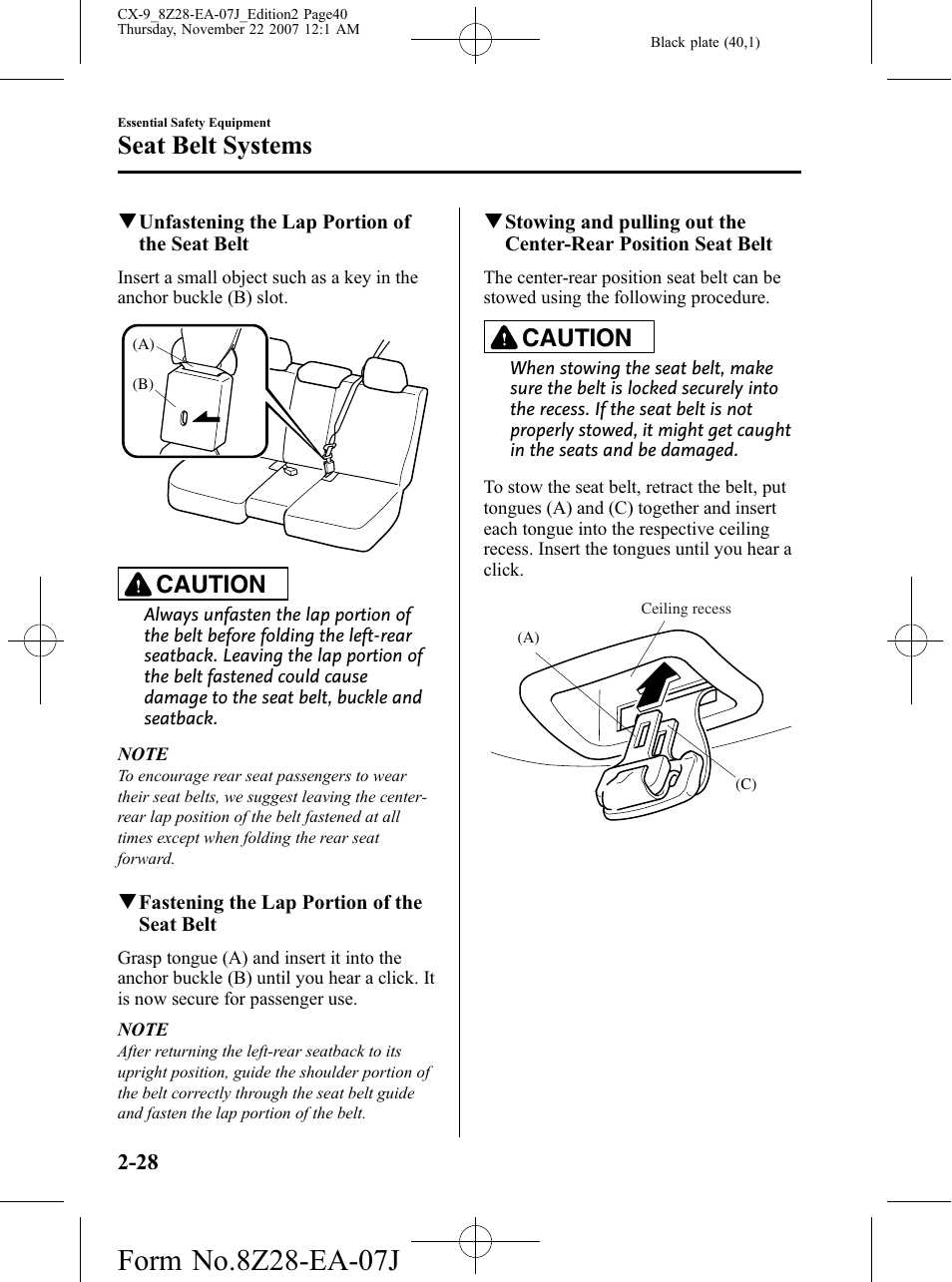 Seat belt systems, Caution | Mazda 2008 CX-9 User Manual | Page 40 / 506