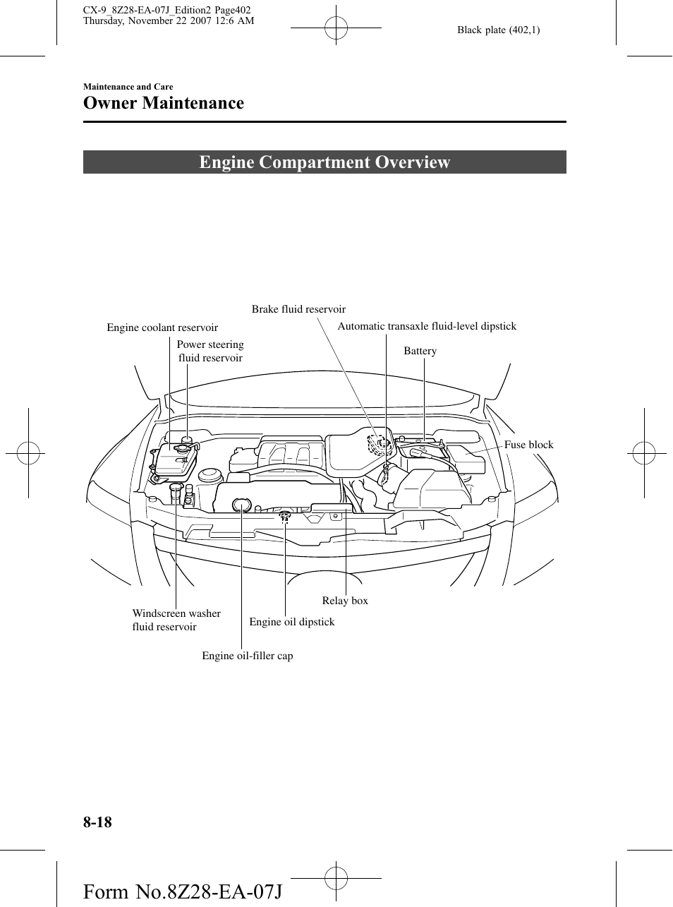 Engine compartment overview, Engine compartment overview -18, Owner maintenance | Mazda 2008 CX-9 User Manual | Page 402 / 506