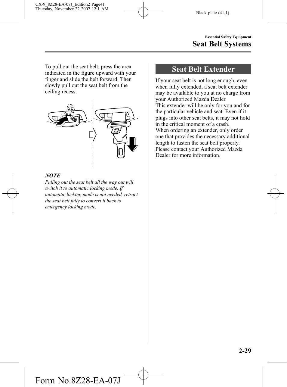 Seat belt extender, Seat belt extender -29, Seat belt systems | Mazda 2008 CX-9 User Manual | Page 41 / 506