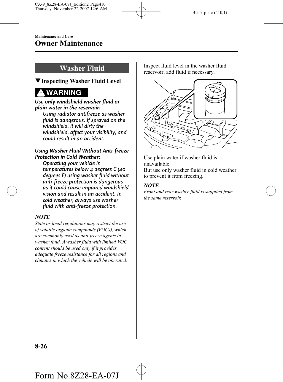 Washer fluid, Washer fluid -26, Owner maintenance | Warning | Mazda 2008 CX-9 User Manual | Page 410 / 506