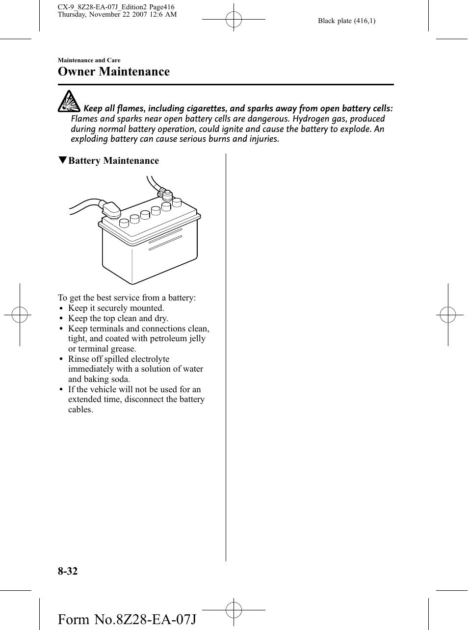 Owner maintenance, Qbattery maintenance | Mazda 2008 CX-9 User Manual | Page 416 / 506