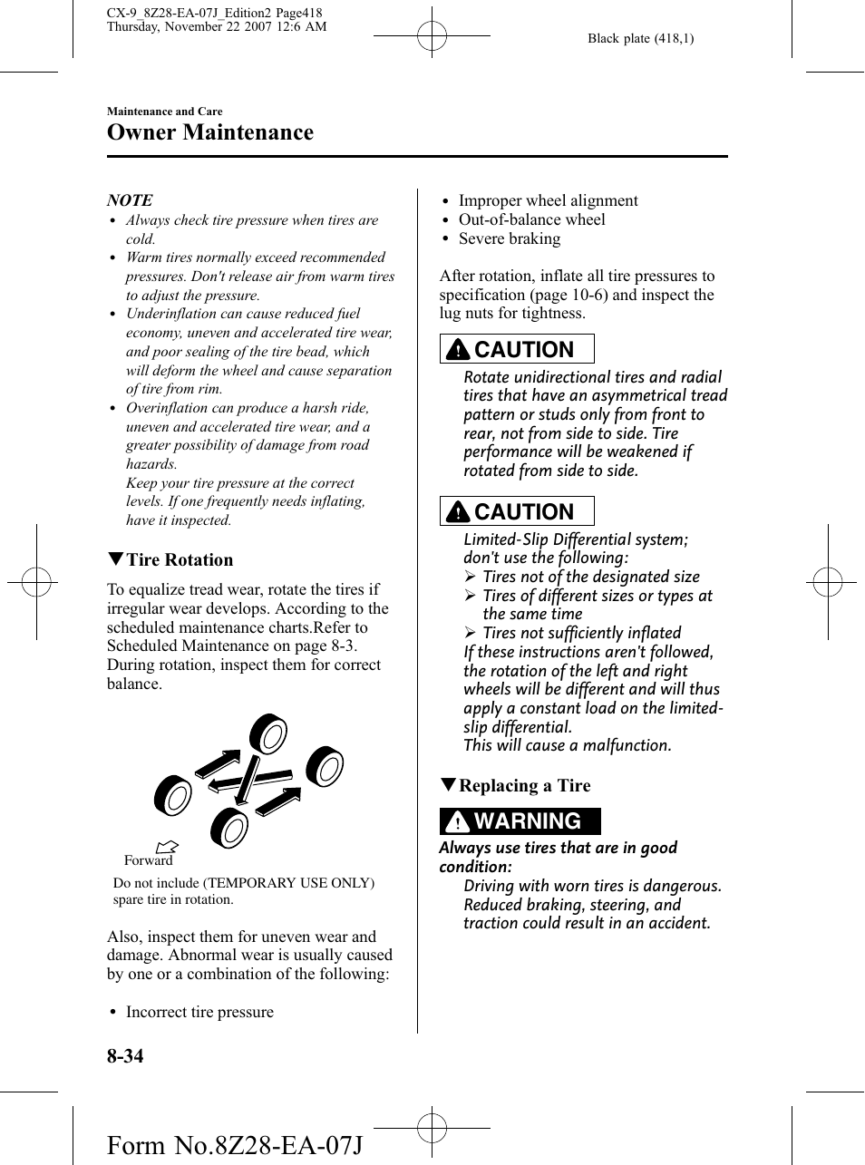 Owner maintenance, Caution, Warning | Mazda 2008 CX-9 User Manual | Page 418 / 506