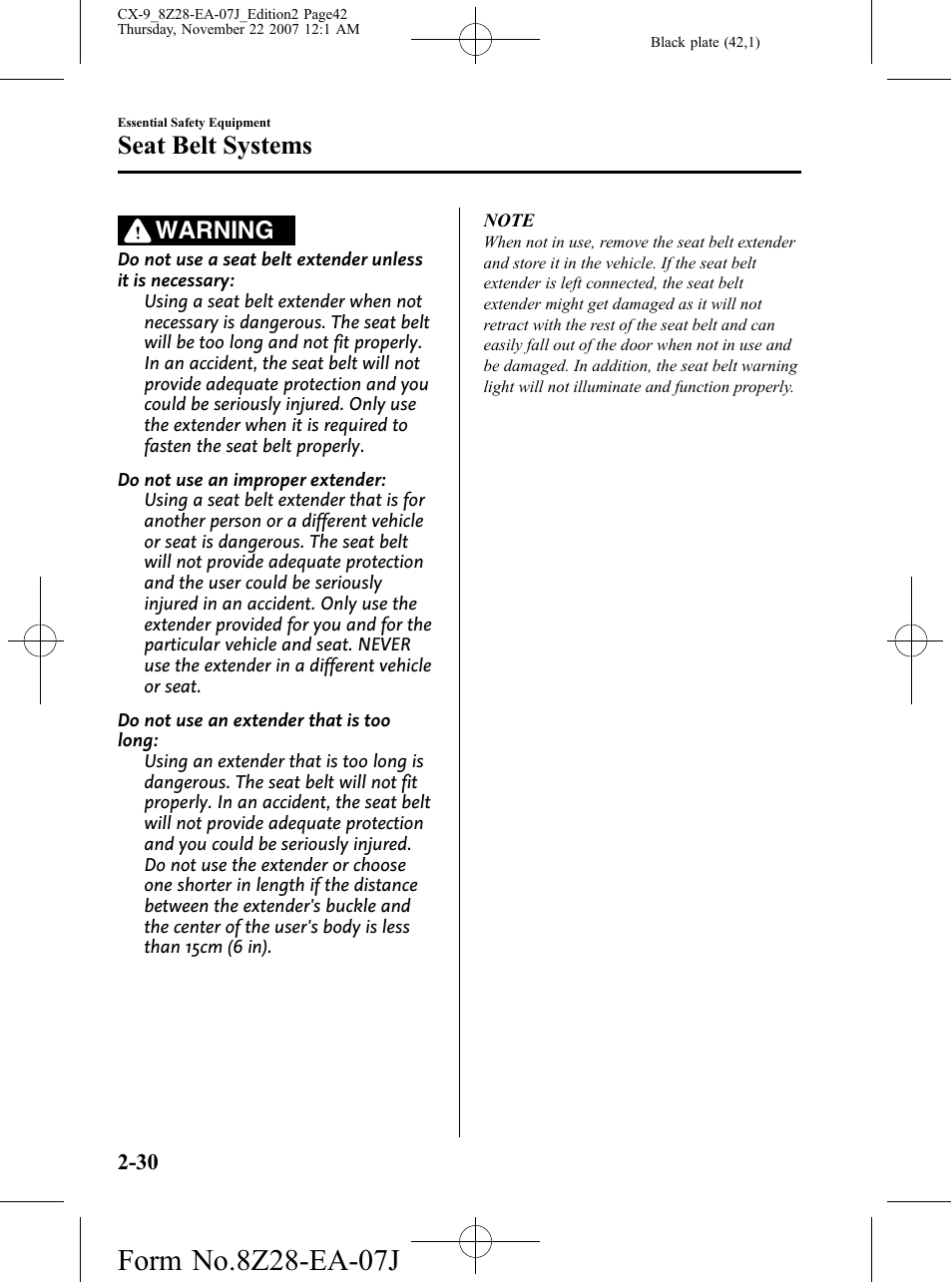 Seat belt systems, Warning | Mazda 2008 CX-9 User Manual | Page 42 / 506