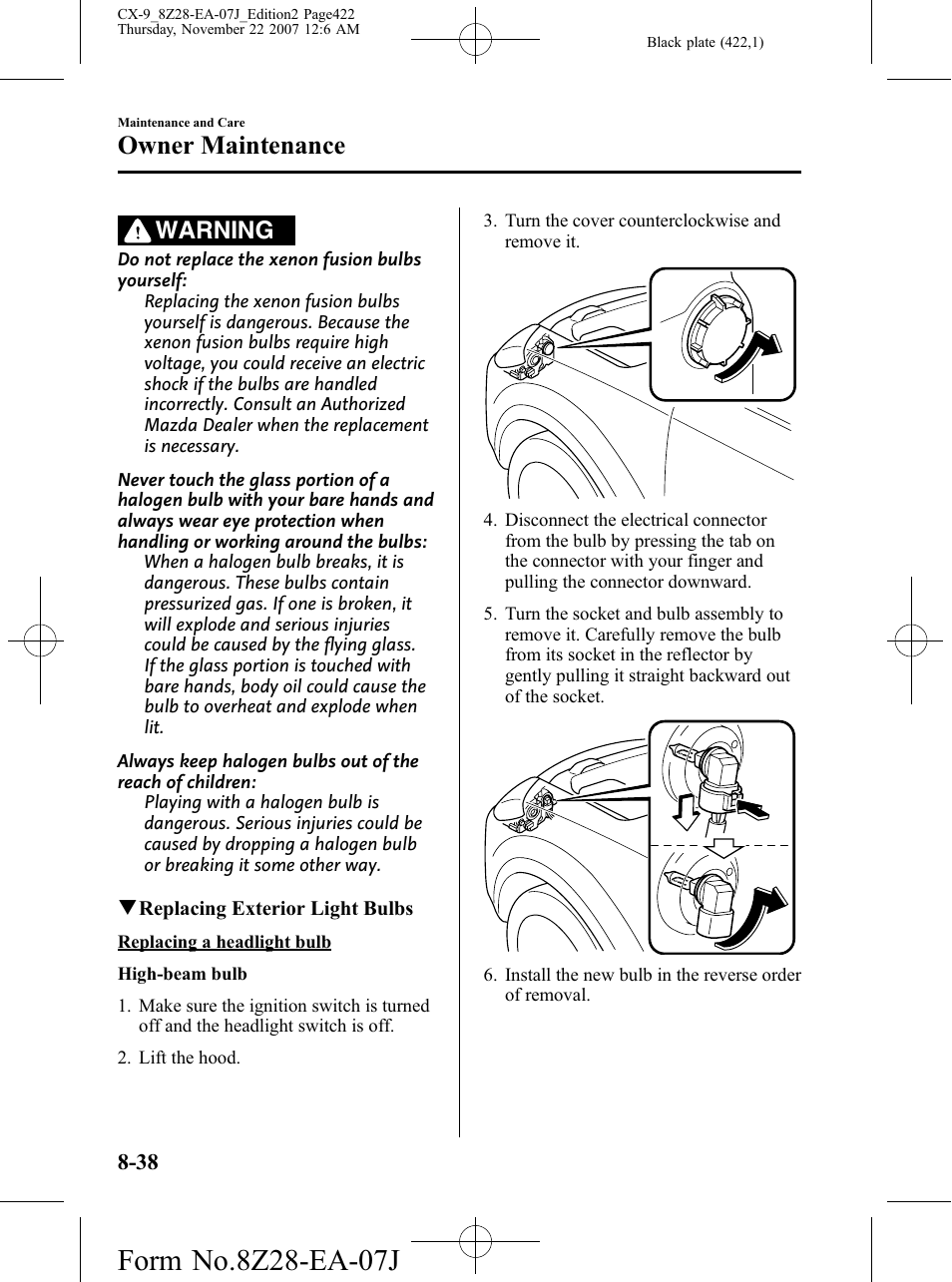 Owner maintenance, Warning | Mazda 2008 CX-9 User Manual | Page 422 / 506