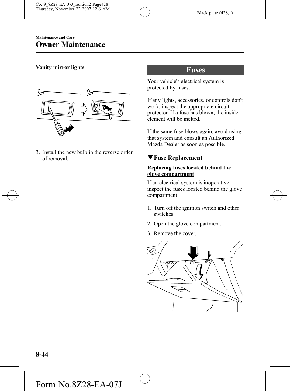 Fuses, Fuses -44, Owner maintenance | Mazda 2008 CX-9 User Manual | Page 428 / 506