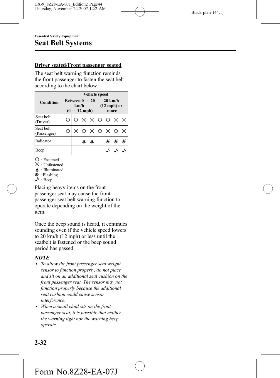 Seat belt systems | Mazda 2008 CX-9 User Manual | Page 44 / 506