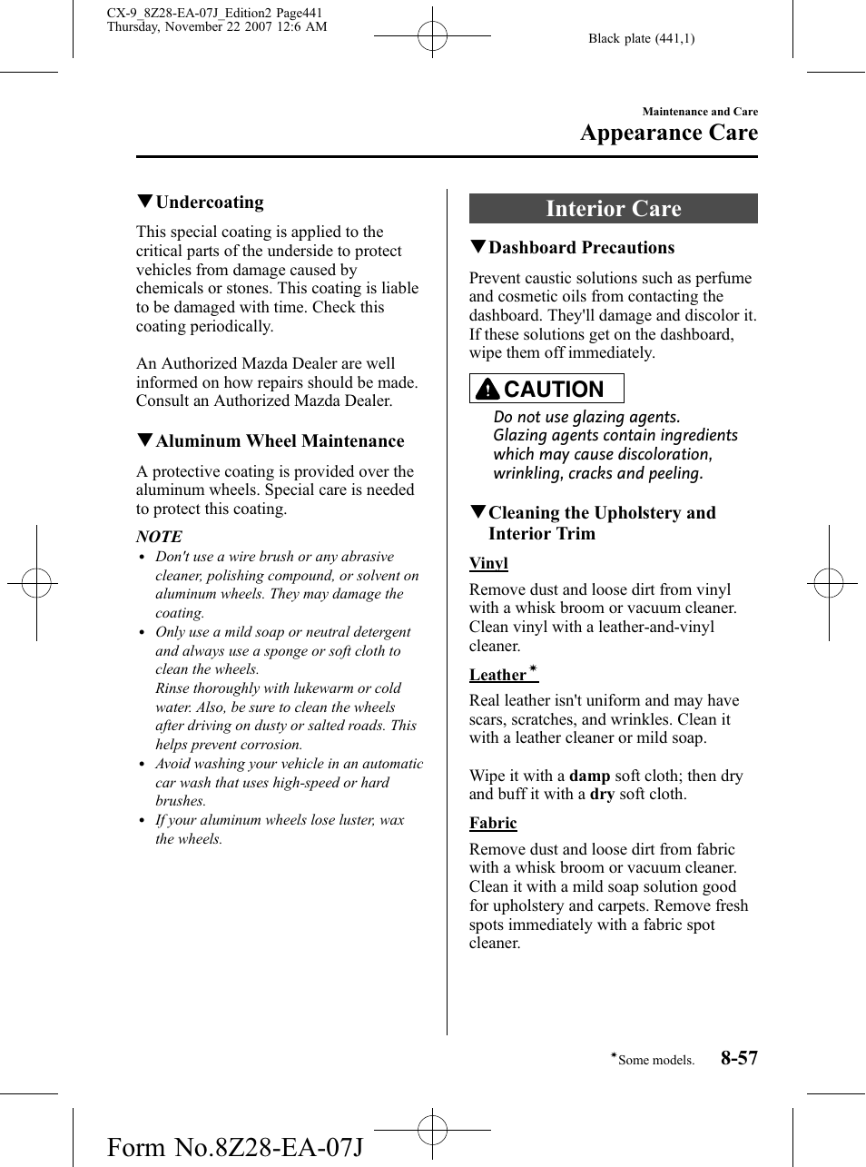 Interior care, Interior care -57, Appearance care | Caution | Mazda 2008 CX-9 User Manual | Page 441 / 506