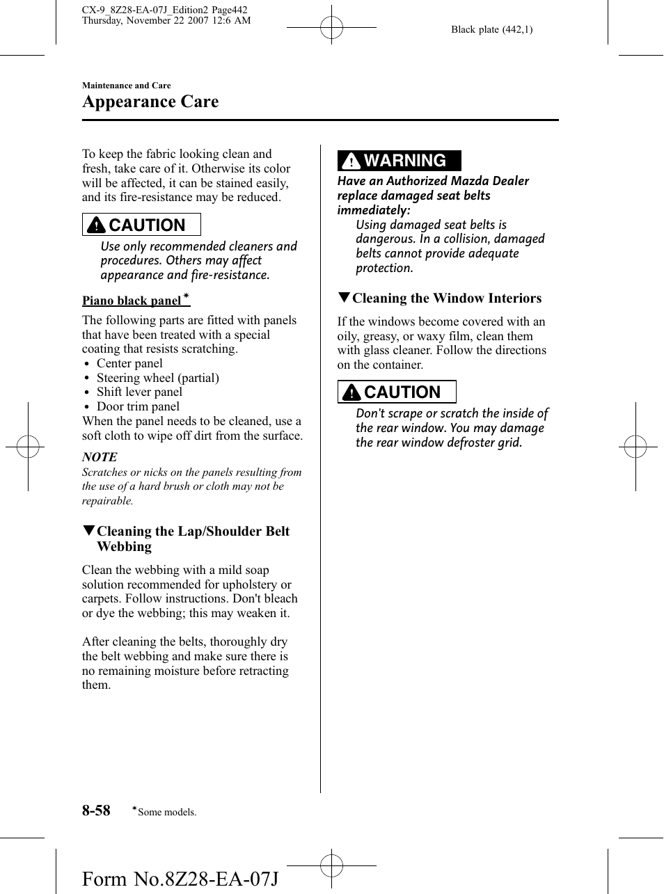 Appearance care, Caution, Warning | Mazda 2008 CX-9 User Manual | Page 442 / 506