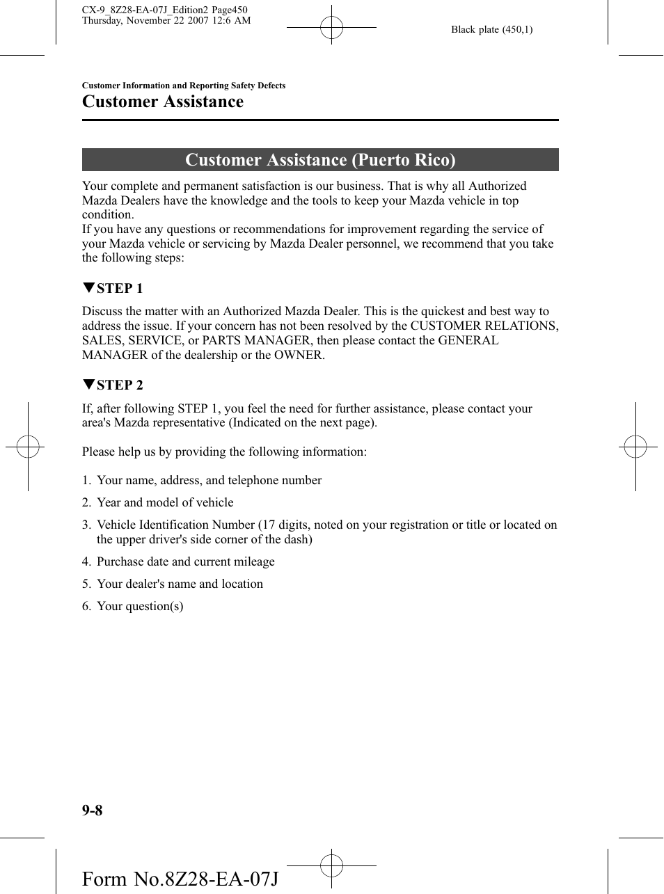 Customer assistance (puerto rico), Customer assistance (puerto rico) -8, Customer assistance | Mazda 2008 CX-9 User Manual | Page 450 / 506