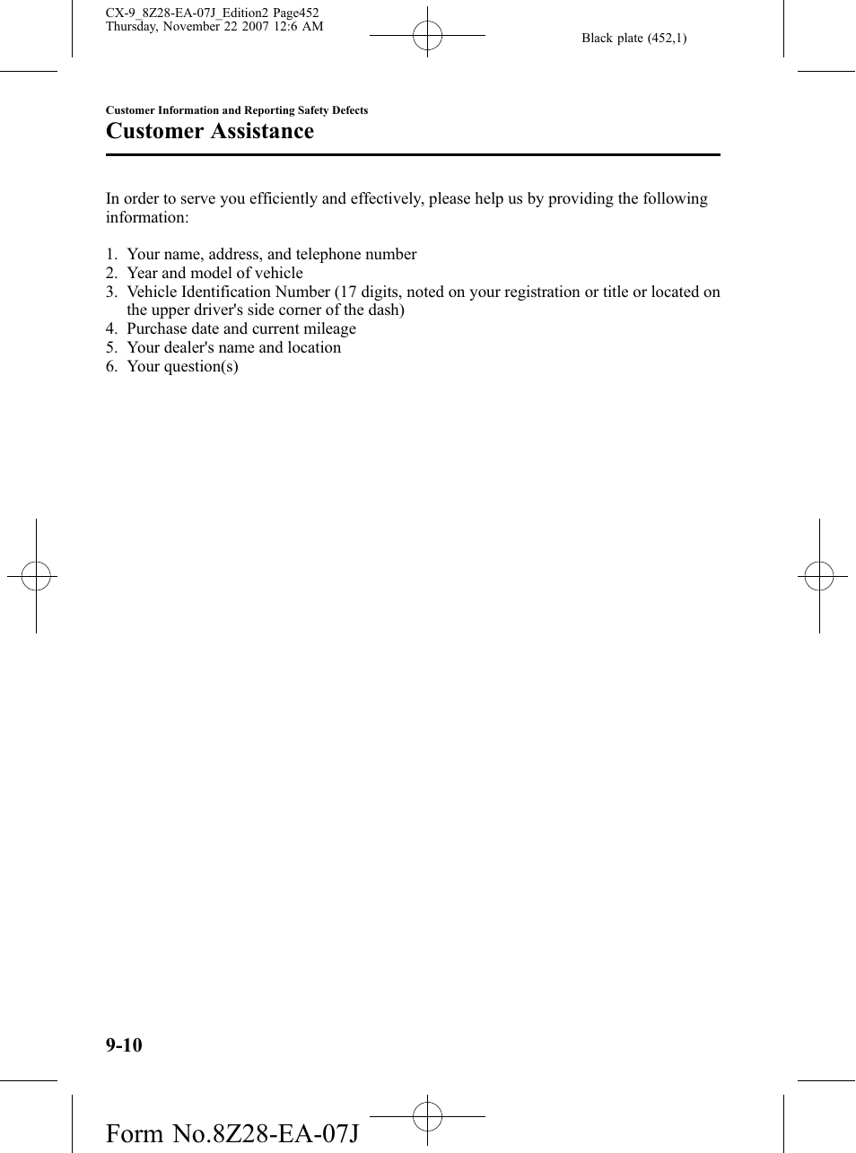Customer assistance | Mazda 2008 CX-9 User Manual | Page 452 / 506
