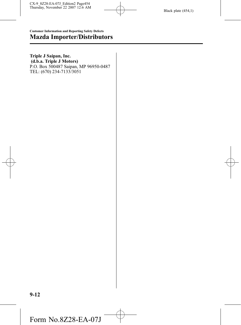 Mazda importer/distributors | Mazda 2008 CX-9 User Manual | Page 454 / 506