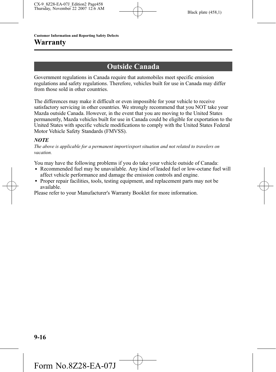 Outside canada, Outside canada -16, Warranty | Mazda 2008 CX-9 User Manual | Page 458 / 506
