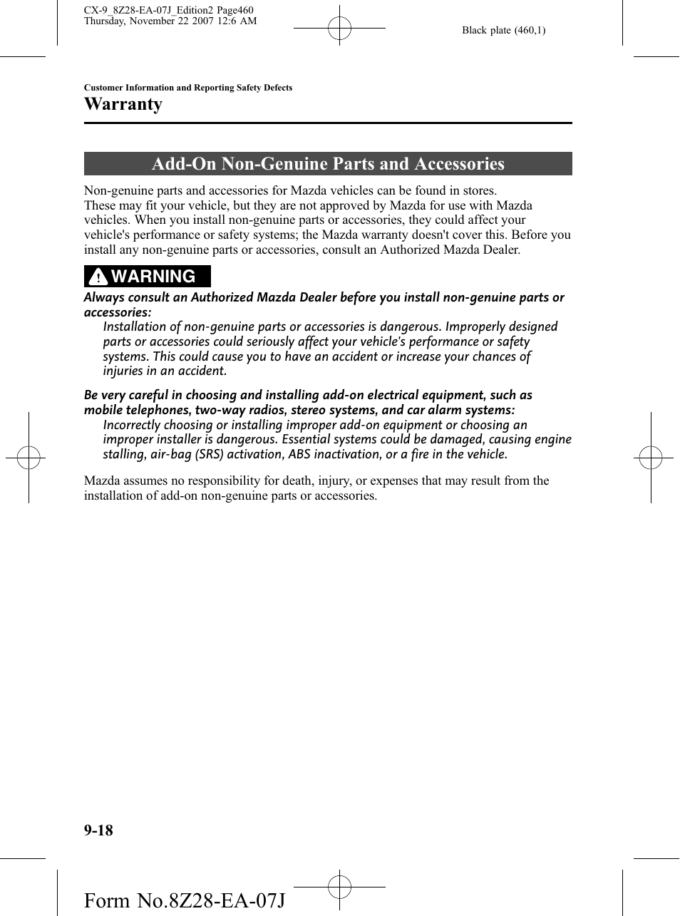 Add-on non-genuine parts and accessories, Add-on non-genuine parts and accessories -18, Warranty | Warning | Mazda 2008 CX-9 User Manual | Page 460 / 506