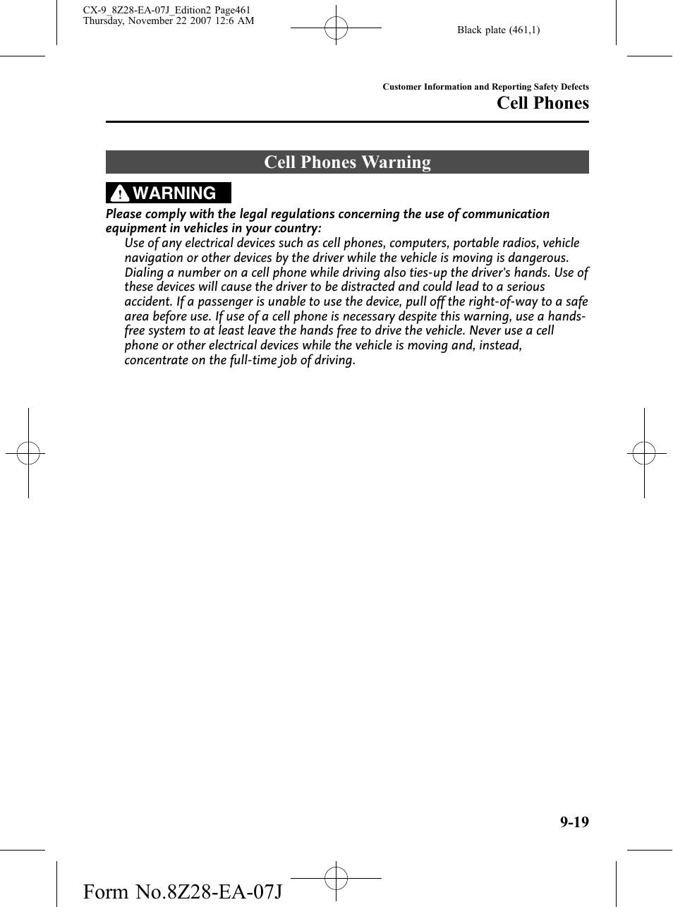 Cell phones, Cell phones warning, Cell phones -19 | Cell phones warning -19 | Mazda 2008 CX-9 User Manual | Page 461 / 506