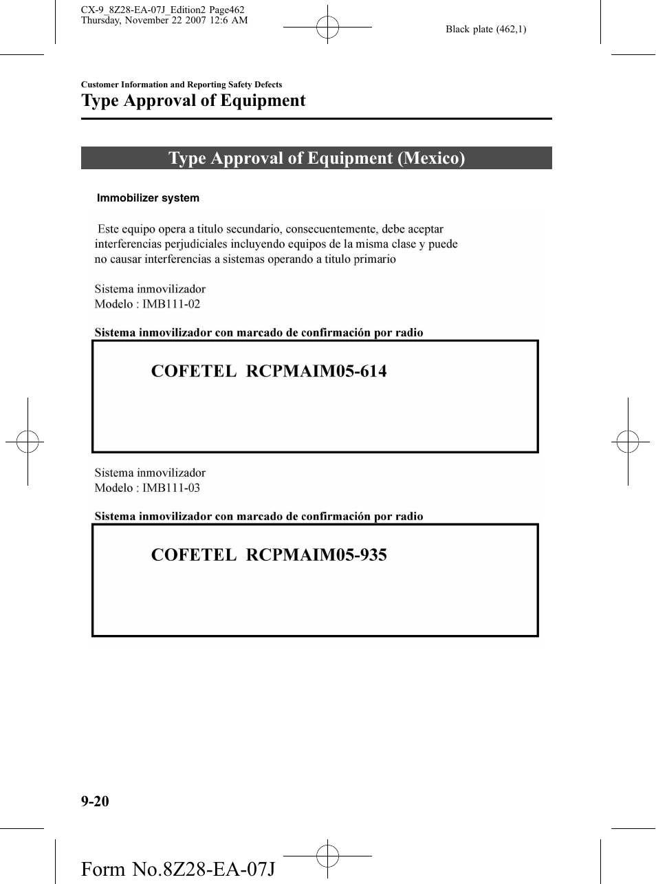 Type approval of equipment, Type approval of equipment (mexico), Type approval of equipment -20 | Type approval of equipment (mexico) -20 | Mazda 2008 CX-9 User Manual | Page 462 / 506