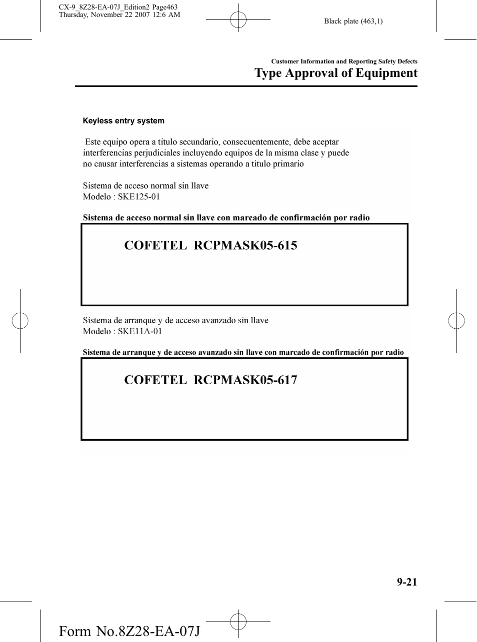 Type approval of equipment | Mazda 2008 CX-9 User Manual | Page 463 / 506