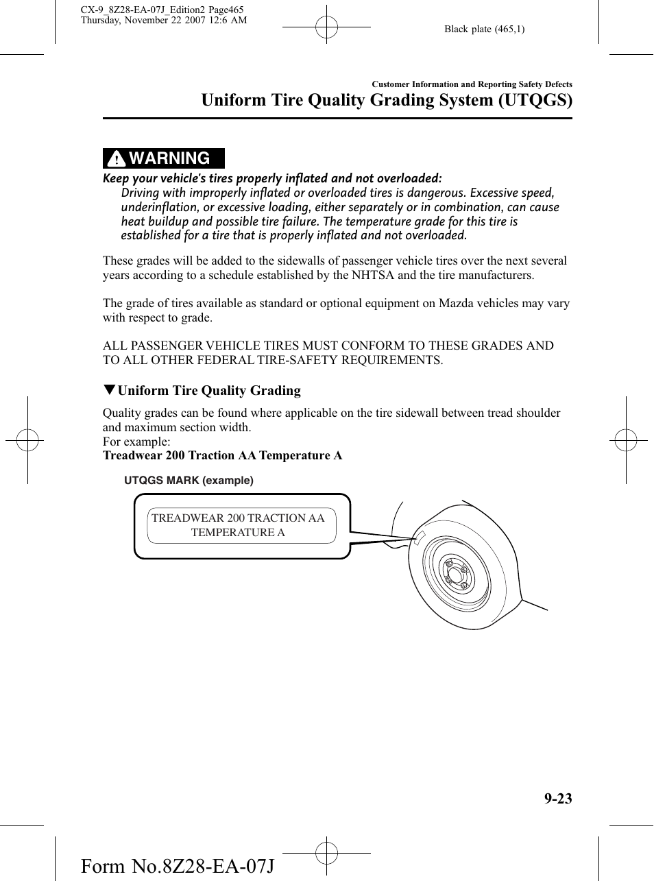 Uniform tire quality grading system (utqgs), Warning | Mazda 2008 CX-9 User Manual | Page 465 / 506