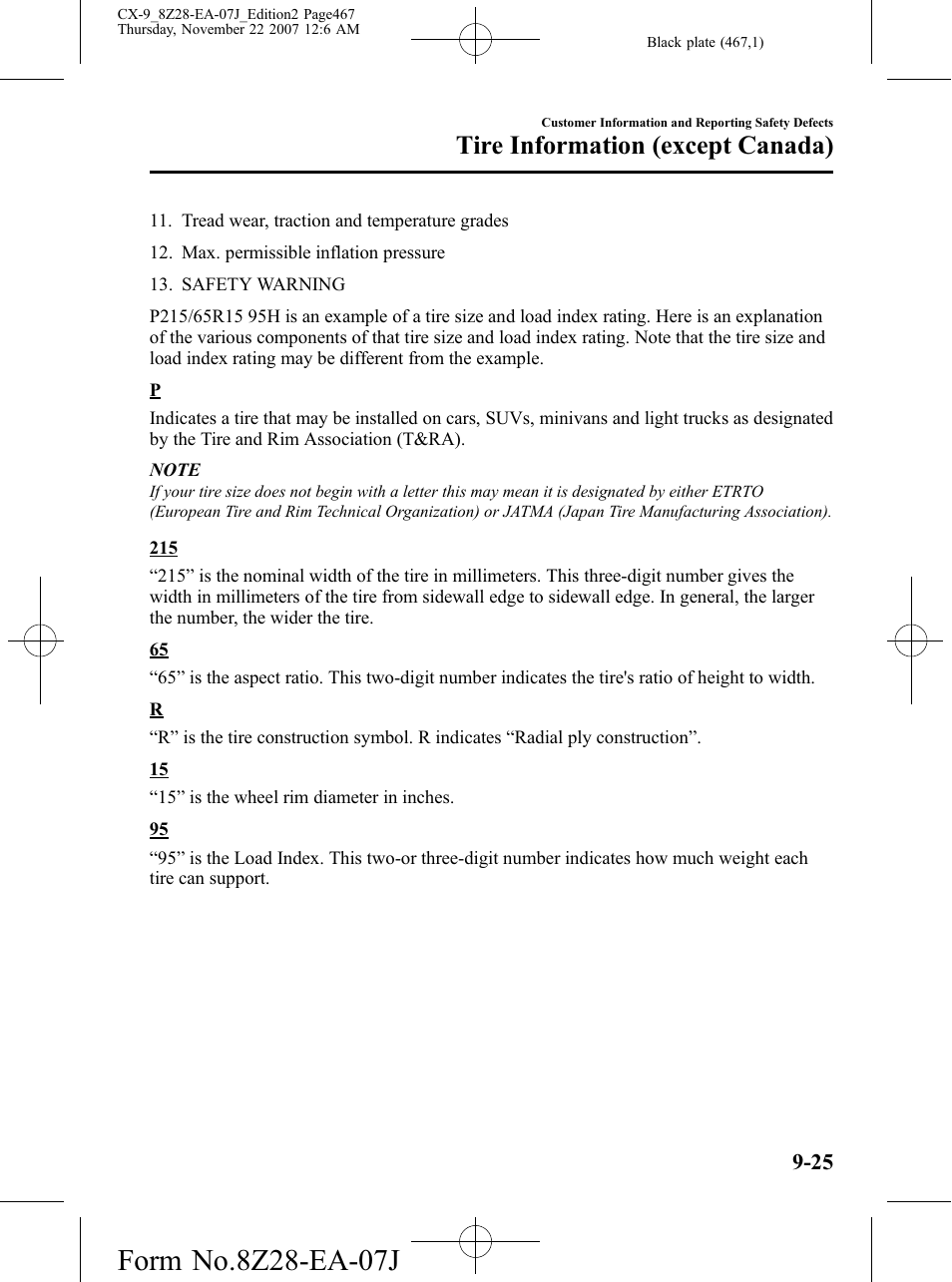 Tire information (except canada) | Mazda 2008 CX-9 User Manual | Page 467 / 506