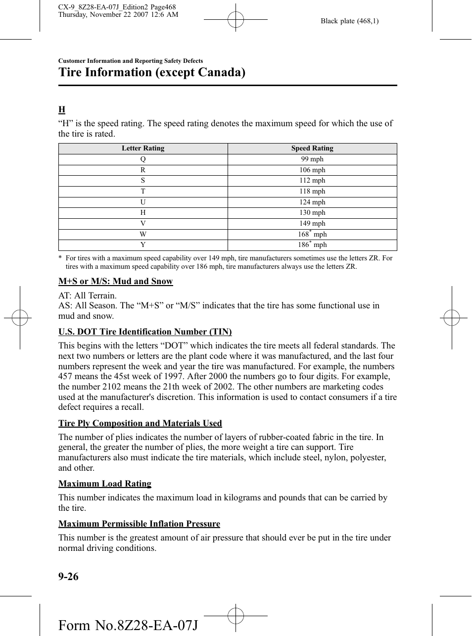 Tire information (except canada) | Mazda 2008 CX-9 User Manual | Page 468 / 506