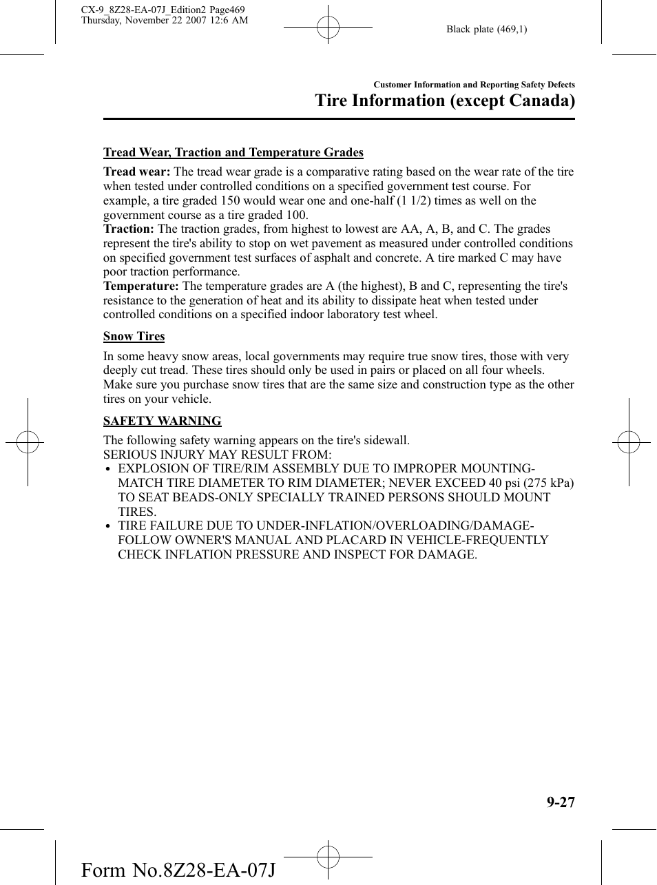 Tire information (except canada) | Mazda 2008 CX-9 User Manual | Page 469 / 506
